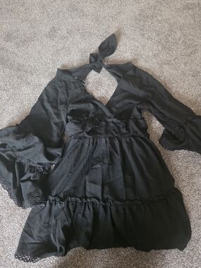 Black Ruffled Deep V NECK Flowy Mini Dress